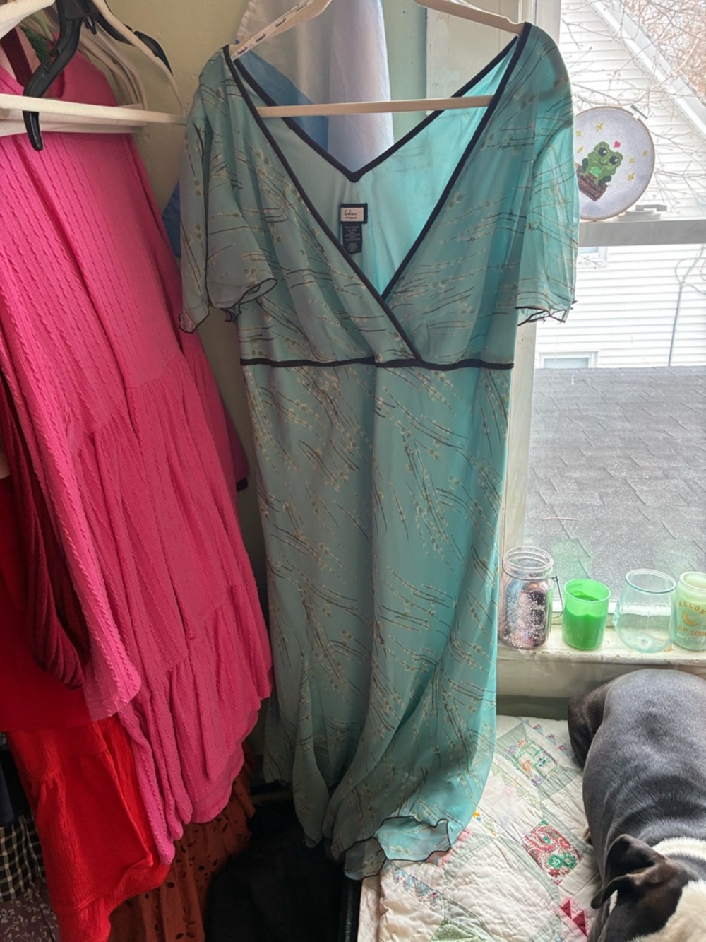 Vintage 90’s Light Teal Wrap Midi Dress with Black Trim
